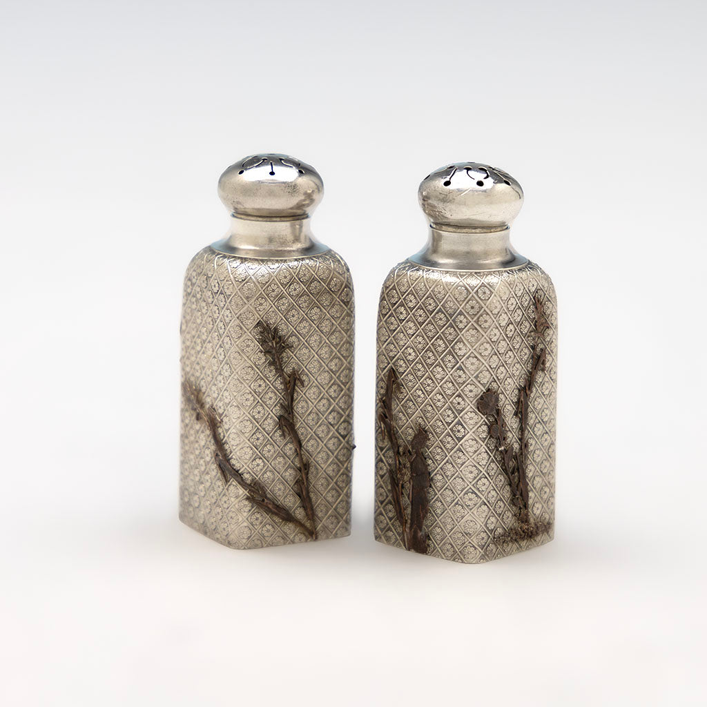 Appliques on Pair of Gorham Antique Sterling Silver &amp; Other Metals Shakers, Providence, RI, 1880