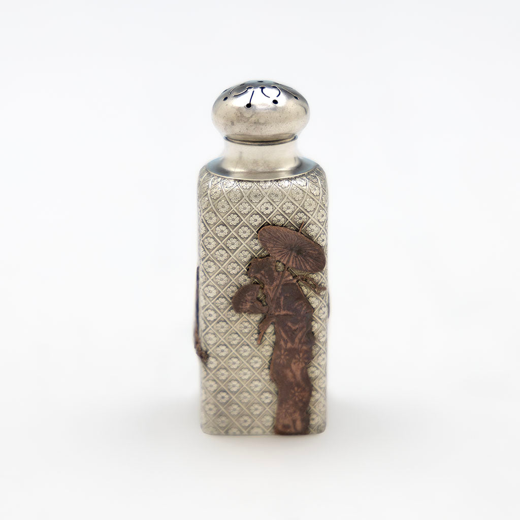 Figure on Pair of Gorham Antique Sterling Silver &amp; Other Metals Shakers, Providence, RI, 1880