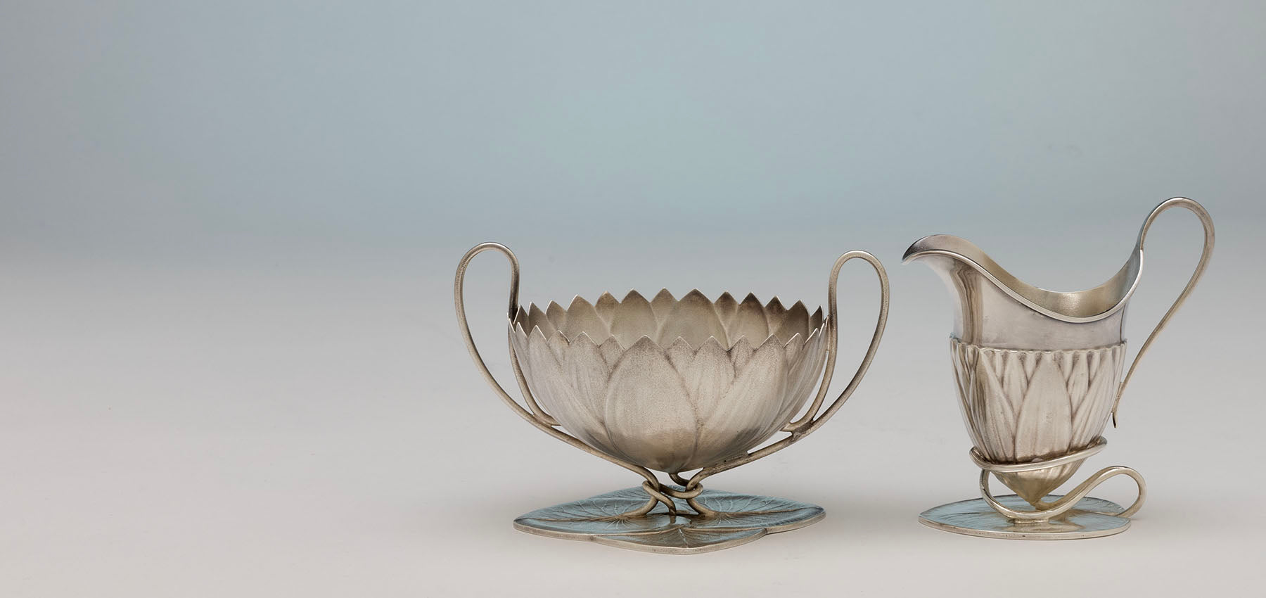 Whiting Antique Sterling Silver Lily Pad Creamer & Sugar, NYC, NY, c. 1875