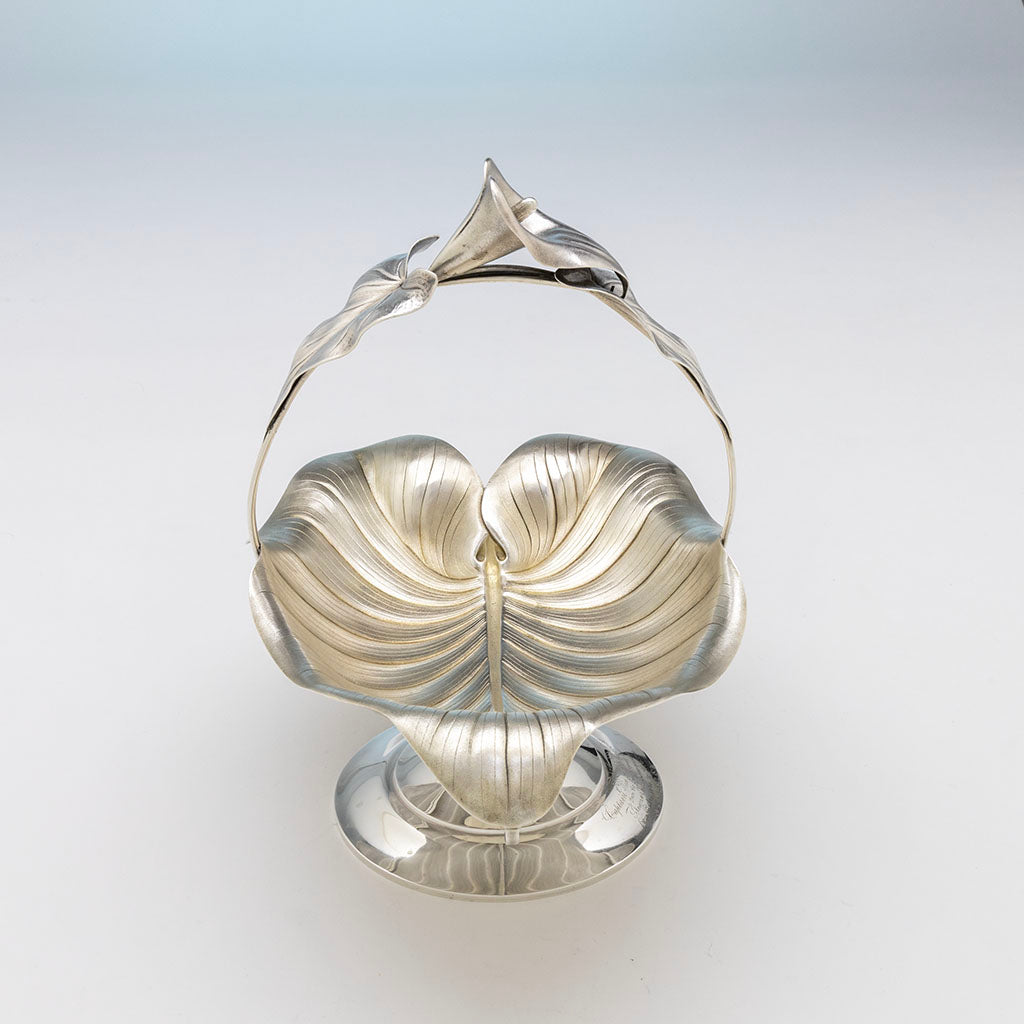 Front of Whiting Antique Sterling Silver Lily Presentation Basket, NYC, NY, c. 1872