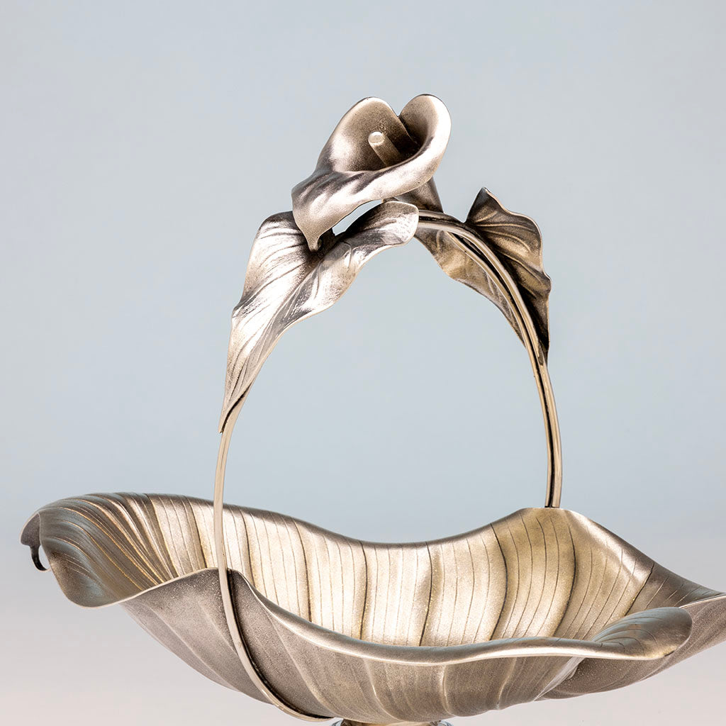 Handle detail of Whiting Antique Sterling Silver Lily Presentation Basket, NYC, NY, c. 1872