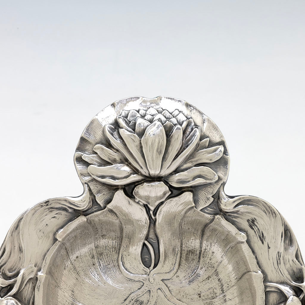 Handle to Alvin Water Lily Design Antique Sterling Silver Dish, Sag Harbor, NY, c. 1900