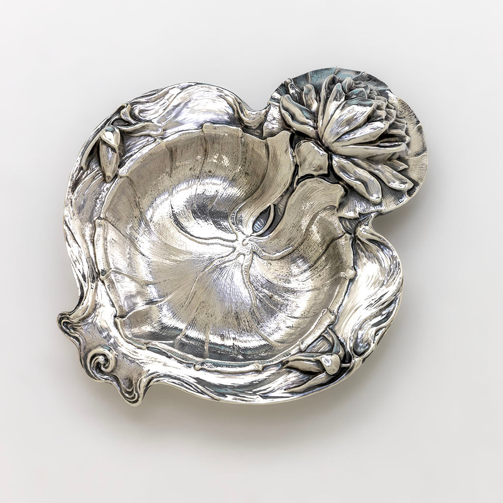Top view of Alvin Water Lily Design Antique Sterling Silver Dish, Sag Harbor, NY, c. 1900