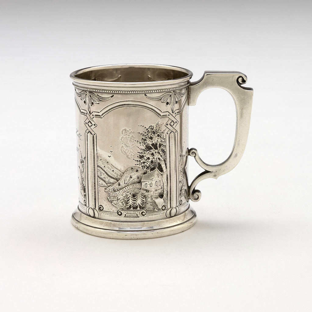 Cottage scene on Gorham Antique Coin Silver Child&#39;s Cup with Romantic Repoussé Scenery, c. 1862