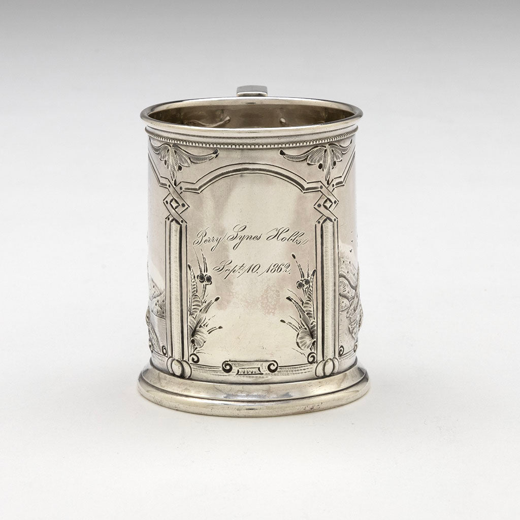 Inscription on Gorham Antique Coin Silver Child&#39;s Cup with Romantic Repoussé Scenery, c. 1862