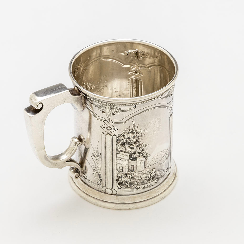 Interior of Gorham Antique Coin Silver Child&#39;s Cup with Romantic Repoussé Scenery, c. 1862