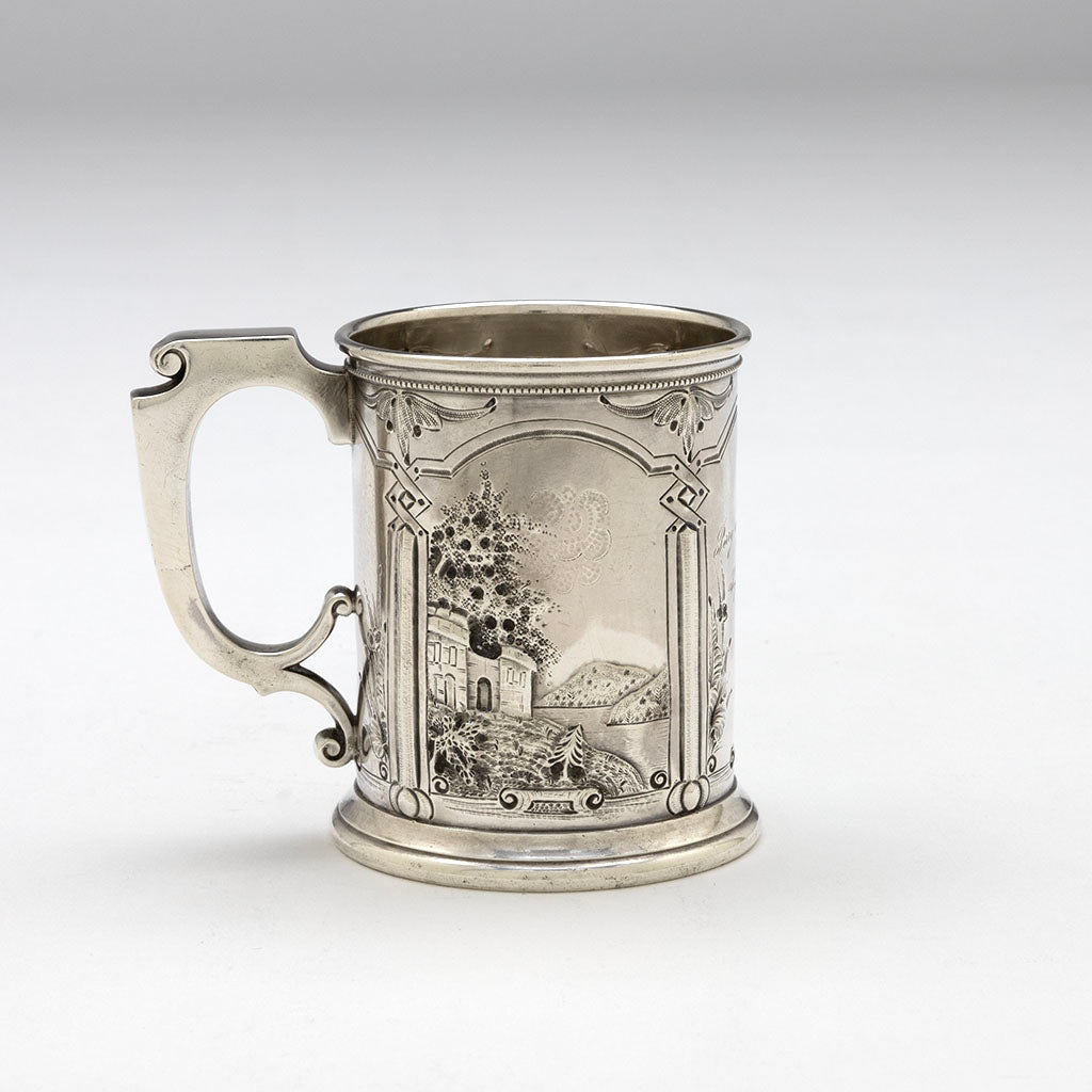 Castle scene on Gorham Antique Coin Silver Child&#39;s Cup with Romantic Repoussé Scenery, c. 1862