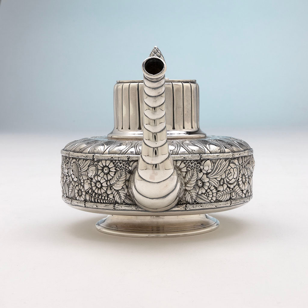 Pot spout of Gorham Antique Sterling Silver Floral Coffee Set, Providence, RI, 1881