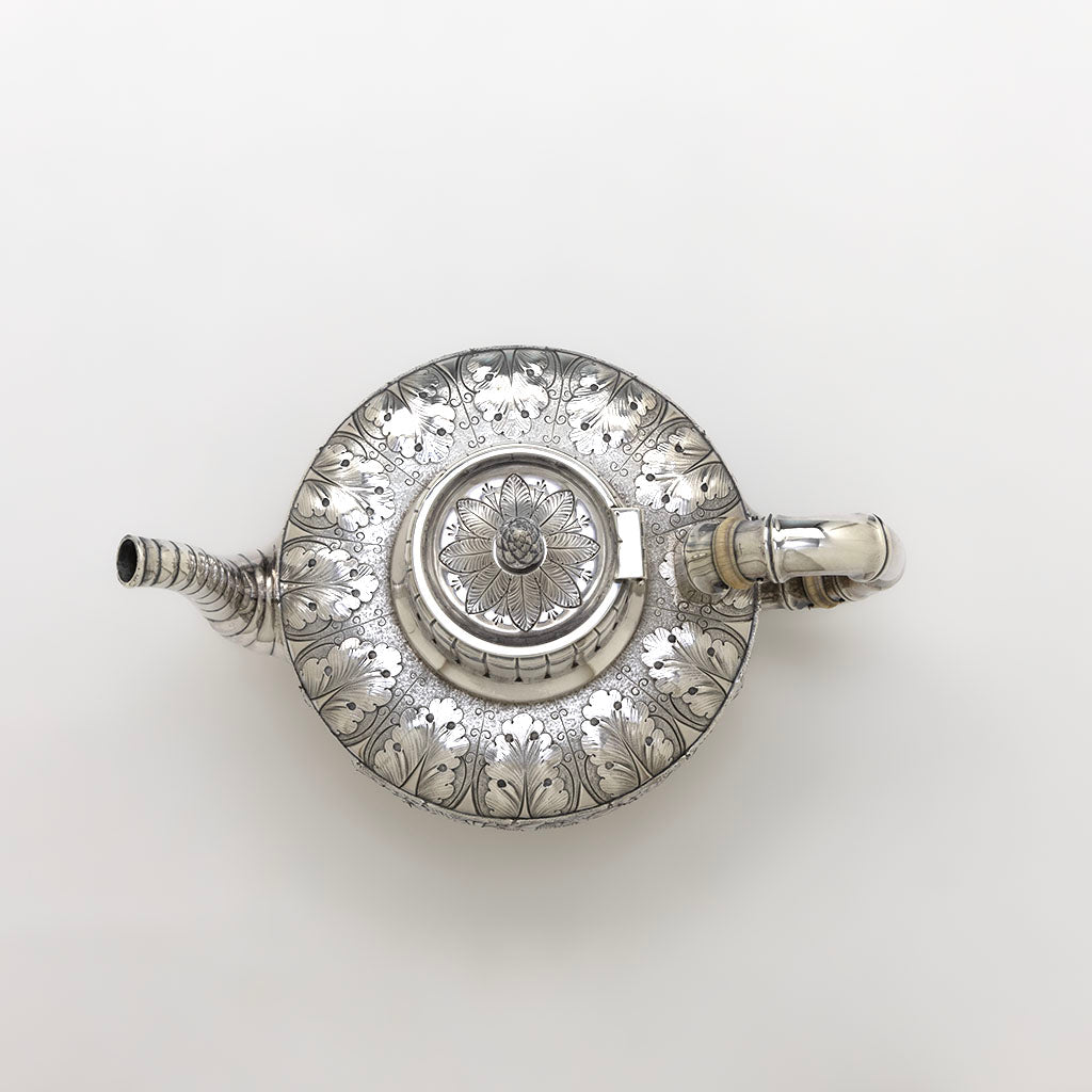 Top view of pot to Gorham Antique Sterling Silver Floral Coffee Set, Providence, RI, 1881