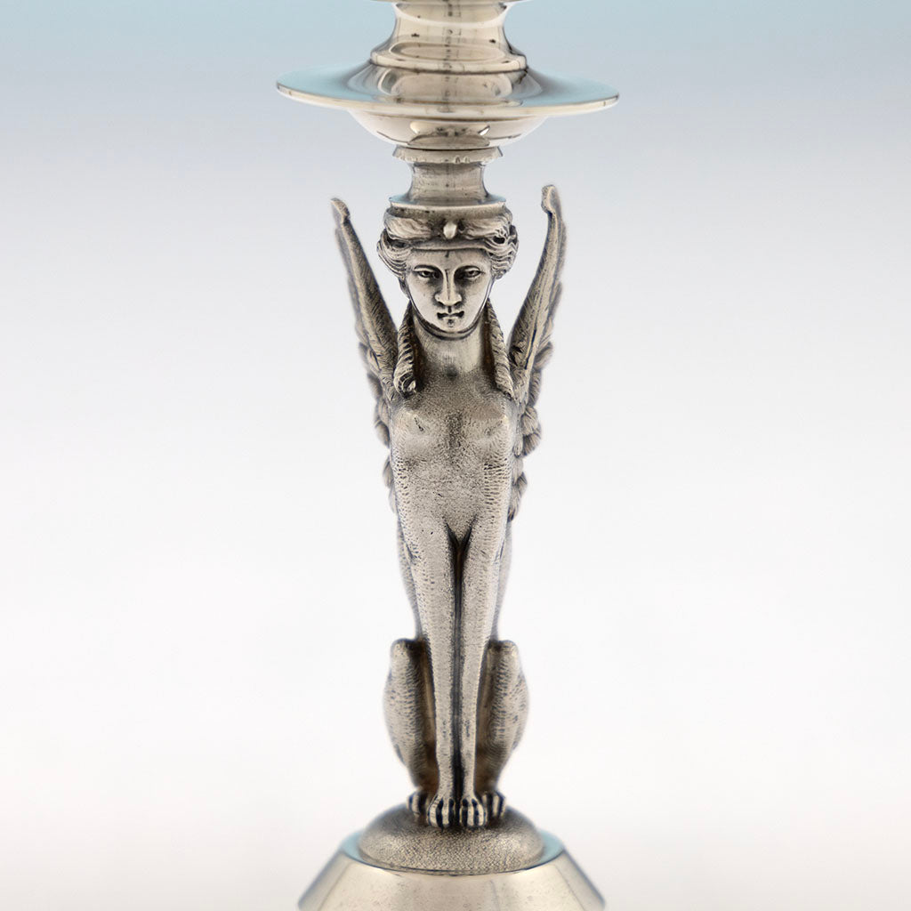 Front detail of Gorham Antique Sterling Silver Figural Tazza, Providence, RI, 1868
