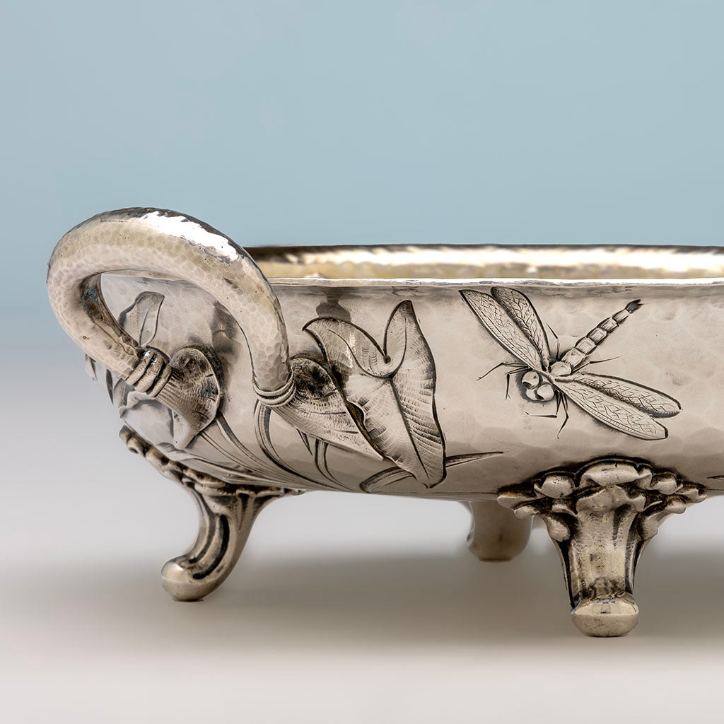Dragonfly on Dominick &amp; Haff Antique Sterling Silver Intaglio Chased Shallow bowl, NYC, NY, 1881