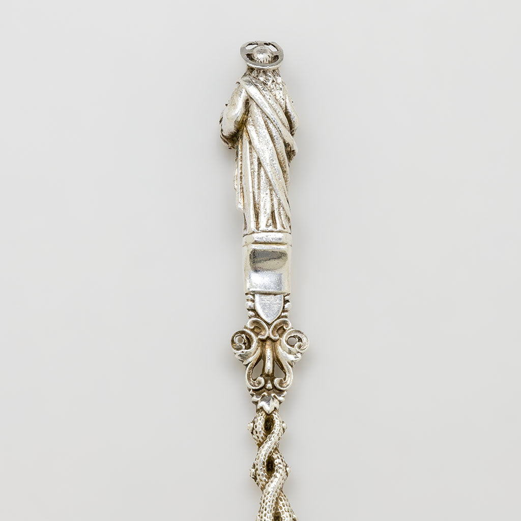 Jesus handle detail back of Gorham set of Antique Sterling Apostle (Dessert) Spoons, Providence, RI, c. 1894