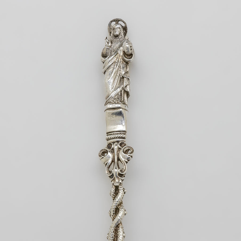 Jesus handle detail front of Gorham set of Antique Sterling Apostle (Dessert) Spoons, Providence, RI, c. 1894