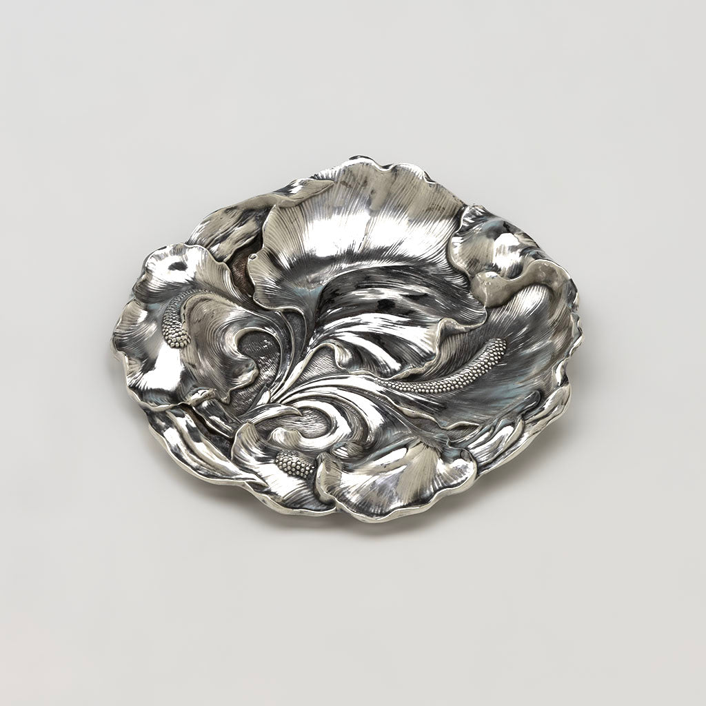 Angle view of Unger Bros Antique Sterling Silver Iris Bon Bon Tray, Newark, NJ, c. 1900