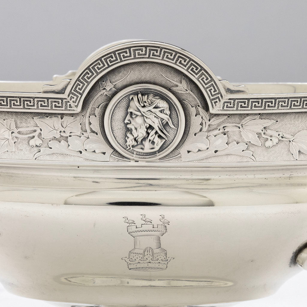 Crest and medallion detail of Gorham Antique Coin Silver &#39;Medallion&#39; Gravy Boat, Providence, RI, c. 1868