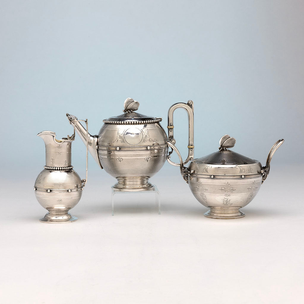 Gorham Antique Coin Silver Butterfly Tea Set, Providence, RI, c. 1860