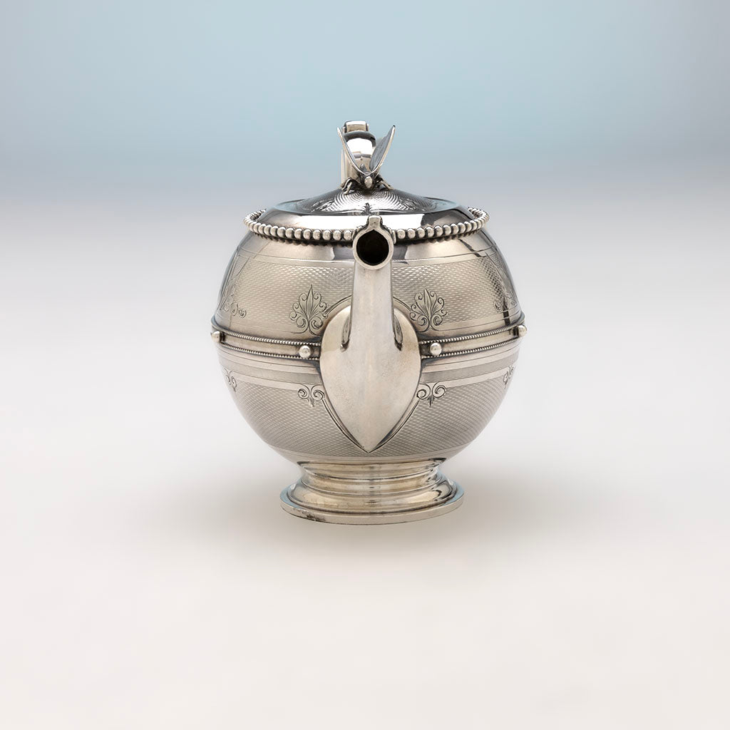 Pot spout detail of Gorham Antique Coin Silver Butterfly Tea Set, Providence, RI, c. 1860