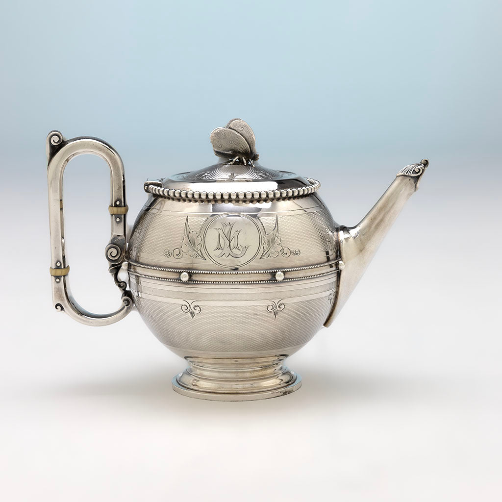 Monogram on Gorham Antique Coin Silver Butterfly Tea Set, Providence, RI, c. 1860