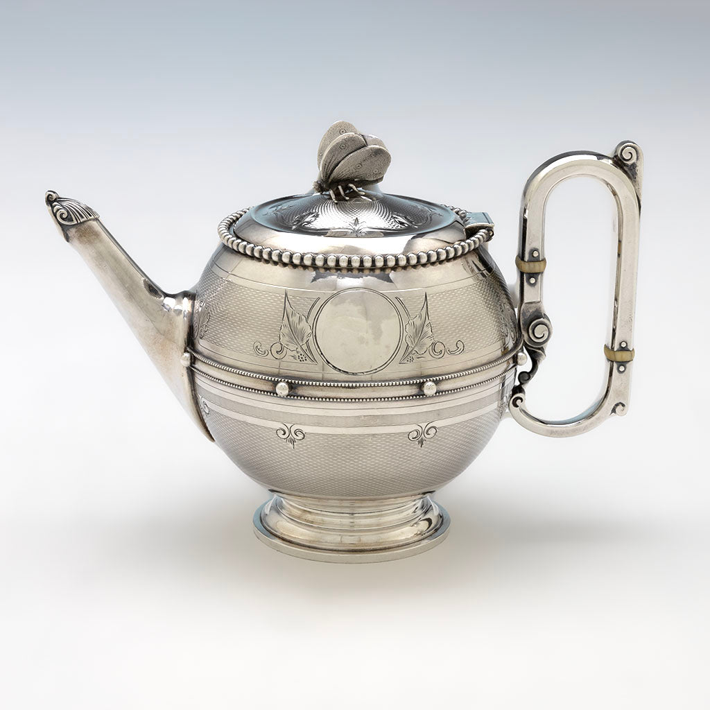 Pot detail to Gorham Antique Coin Silver Butterfly Tea Set, Providence, RI, c. 1860