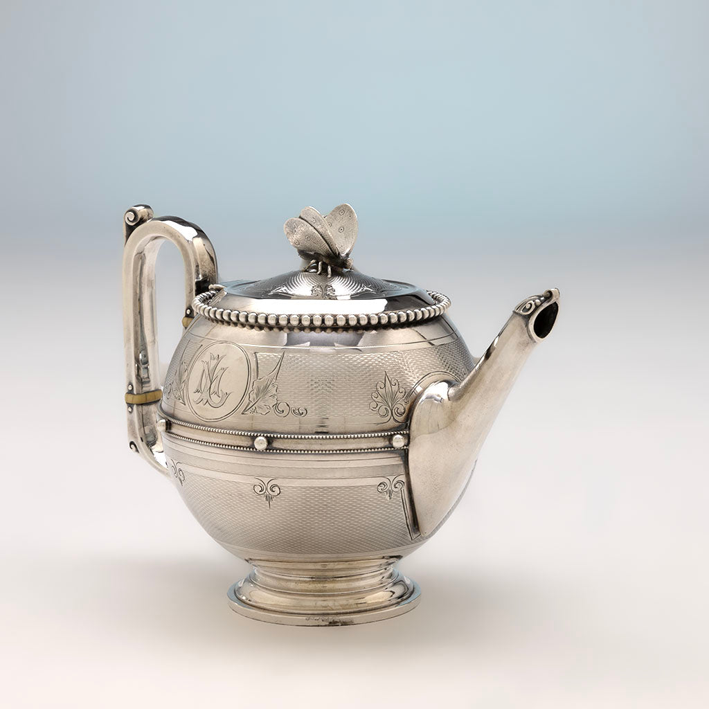 Pot spout to Gorham Antique Coin Silver Butterfly Tea Set, Providence, RI, c. 1860