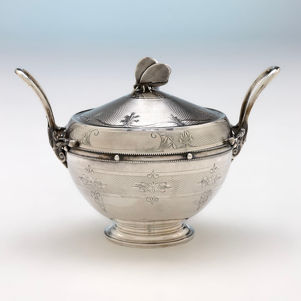 Sugar to Gorham Antique Coin Silver Butterfly Tea Set, Providence, RI, c. 1860
