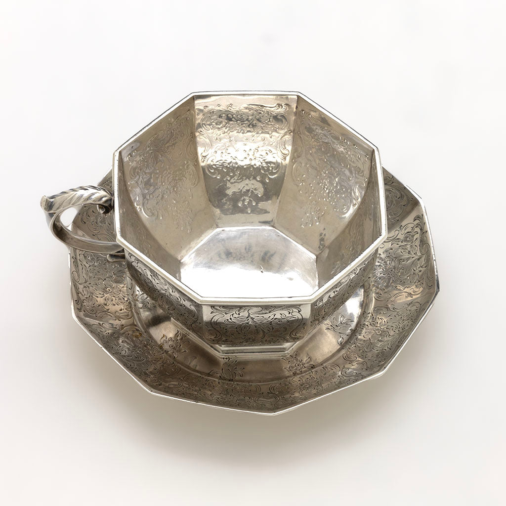 Interior of William Forbes for Ball, Tompkins and Black Antique Coin Silver Cup &amp; Saucer, NYC, New York, 1853