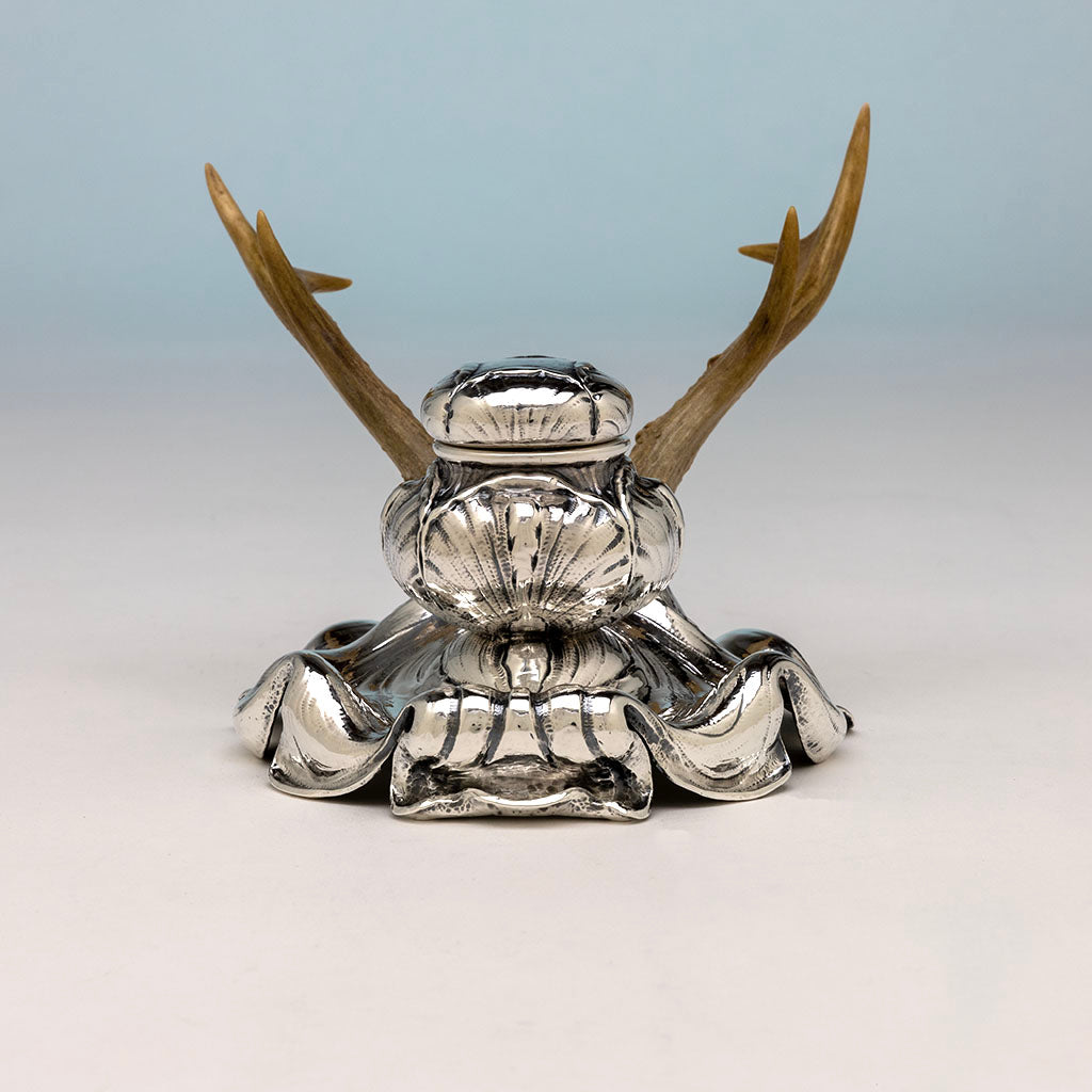 Front of Gorham Antique Sterling Silver Sample Inkstand with Antlers, Providence, RI, 1900