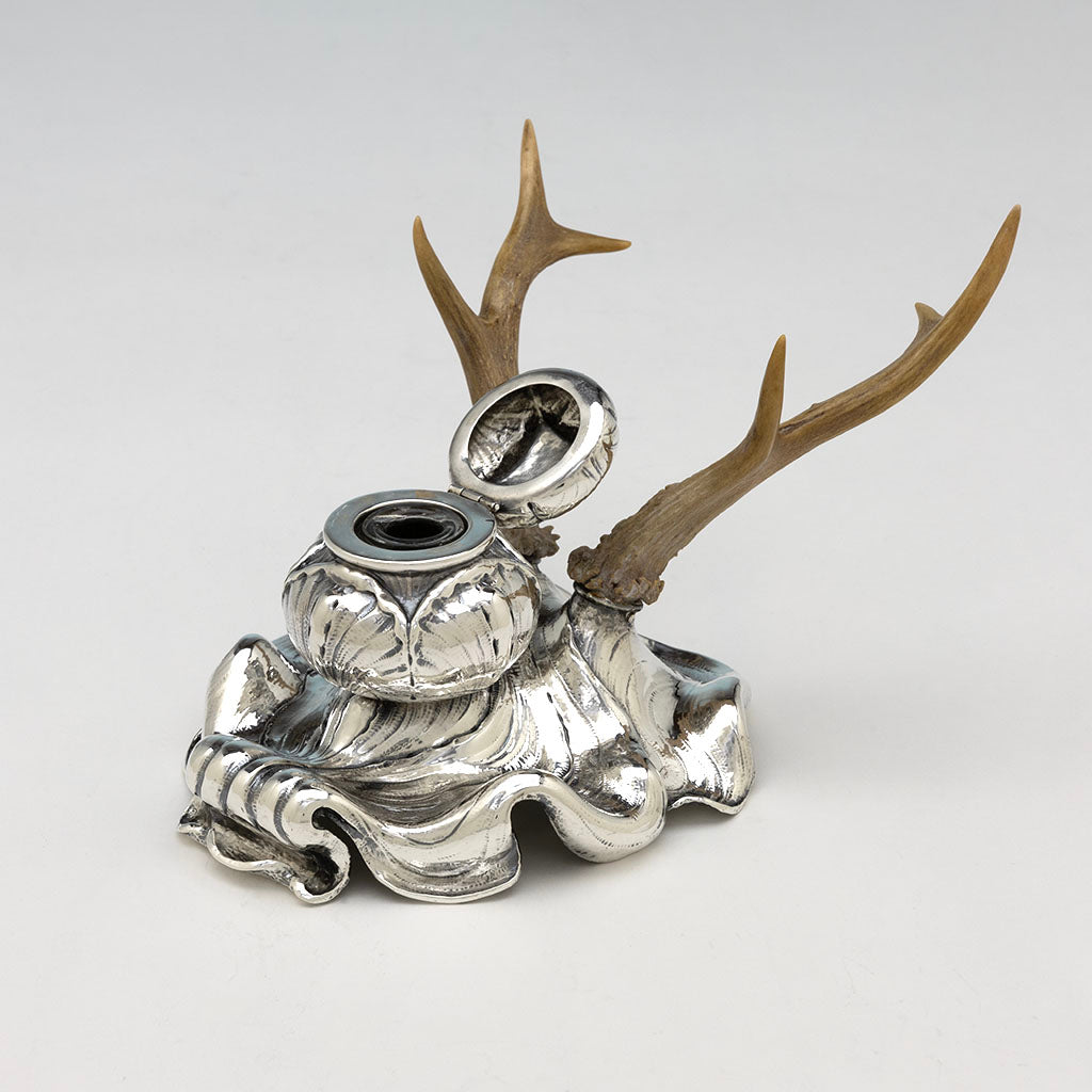 Open Gorham Antique Sterling Silver Sample Inkstand with Antlers, Providence, RI, 1900