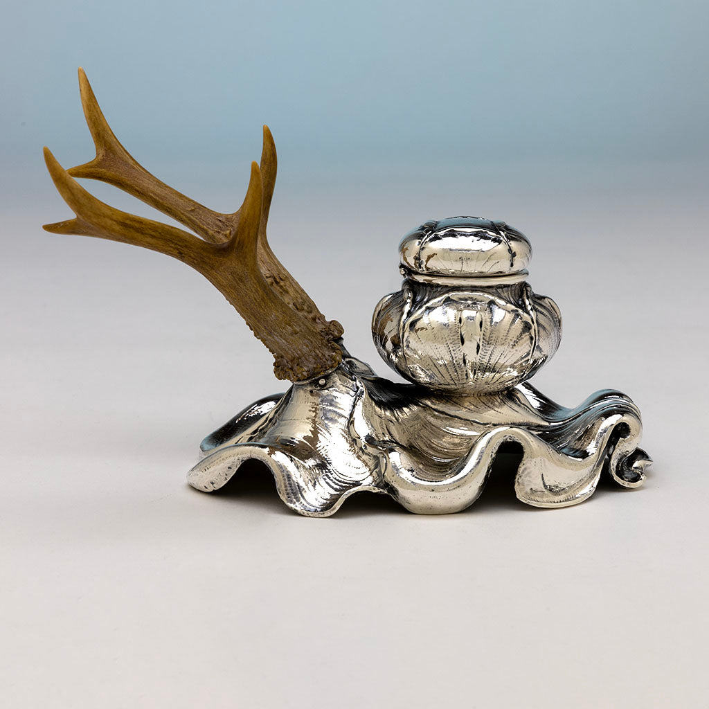 Side view of Gorham Antique Sterling Silver Sample Inkstand with Antlers, Providence, RI, 1900
