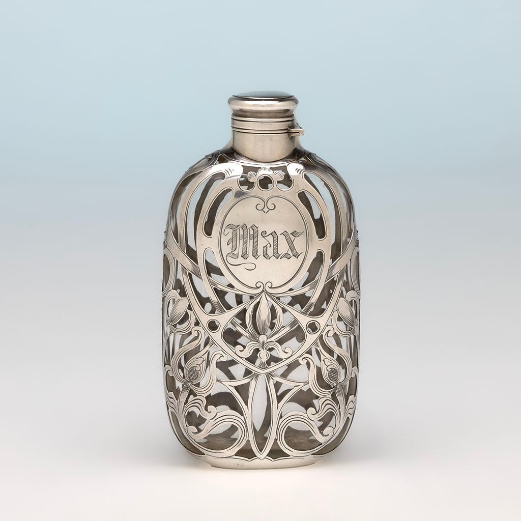 Gorham Antique Sterling Overlay Art Nouveau Flask, Providence, RI, c. 1906