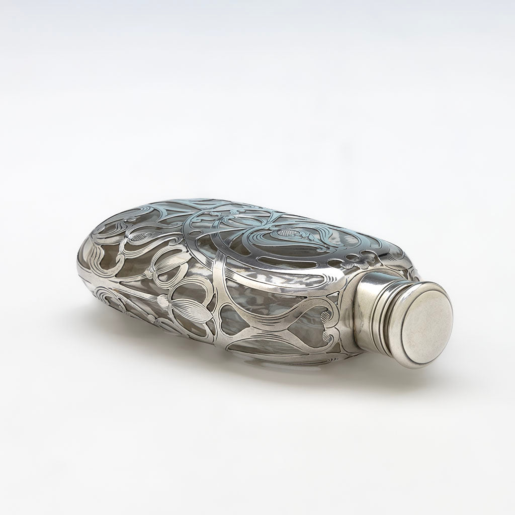 Side of Gorham Antique Sterling Overlay Art Nouveau Flask, Providence, RI, c. 1906