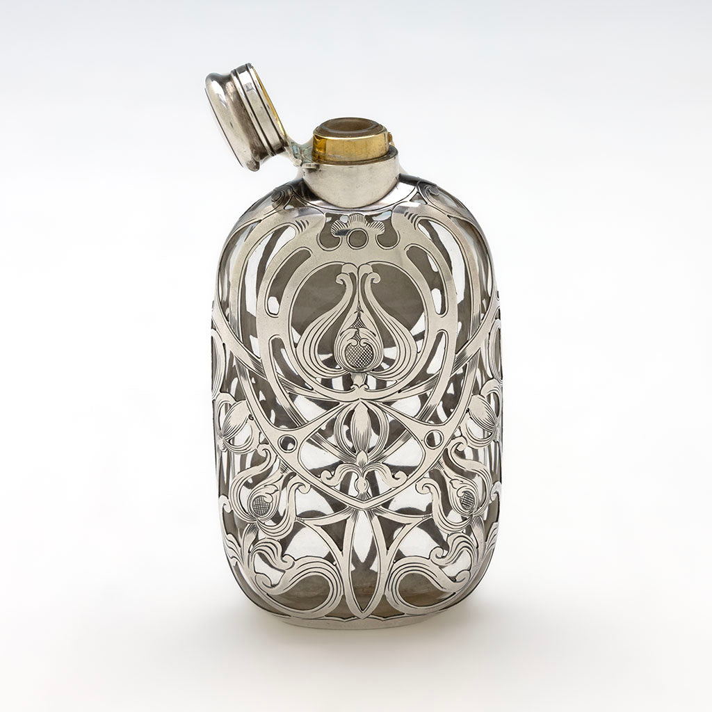 Open Gorham Antique Sterling Overlay Art Nouveau Flask, Providence, RI, c. 1906