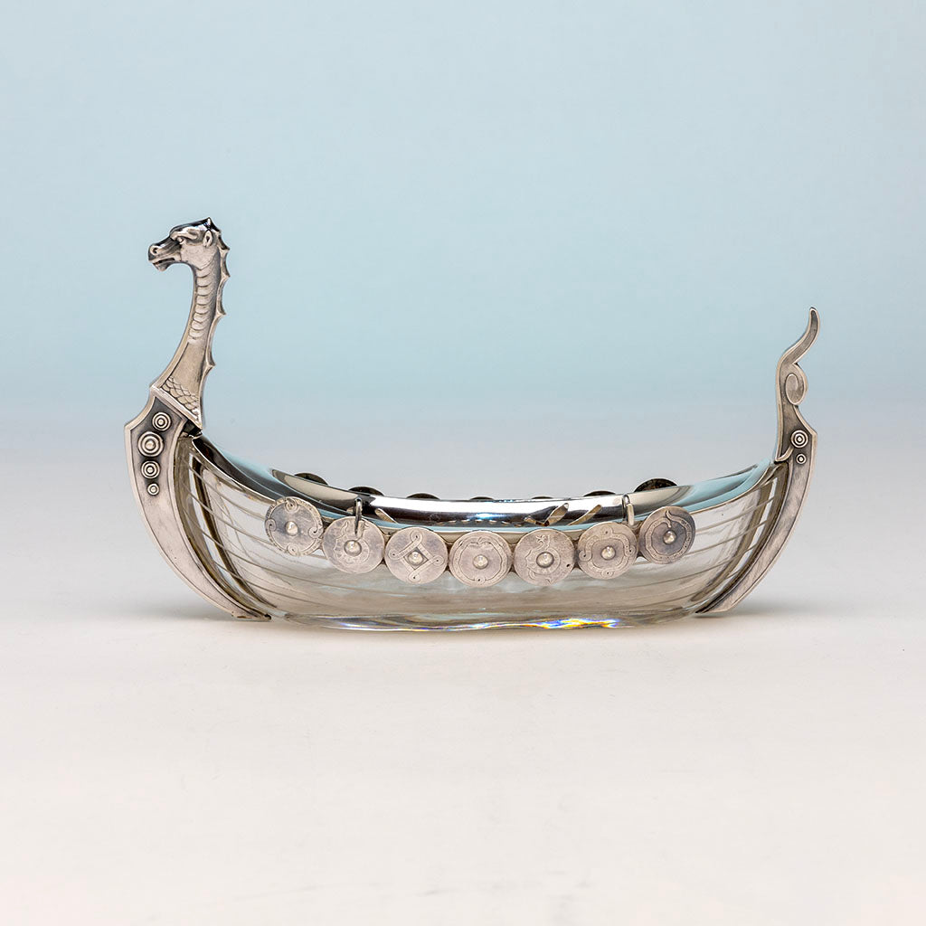 JE Caldwell(retailer) American Aesthetic Movement Sterling and Glass Viking Ship Form Butter Dish, c. 1880s