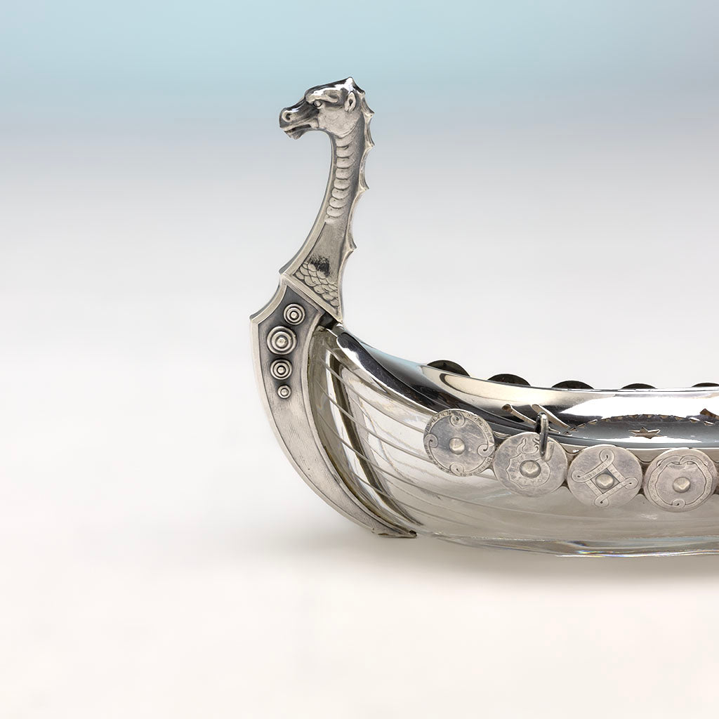 Dragon of JE Caldwell(retailer) American Aesthetic Movement Sterling and Glass Viking Ship Form Butter Dish, c. 1880s