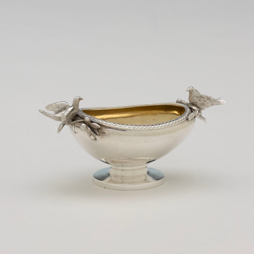 Angle view of Gorham Pair of Coin Silver Figural Master Salts, Providence, RI, c. 1862