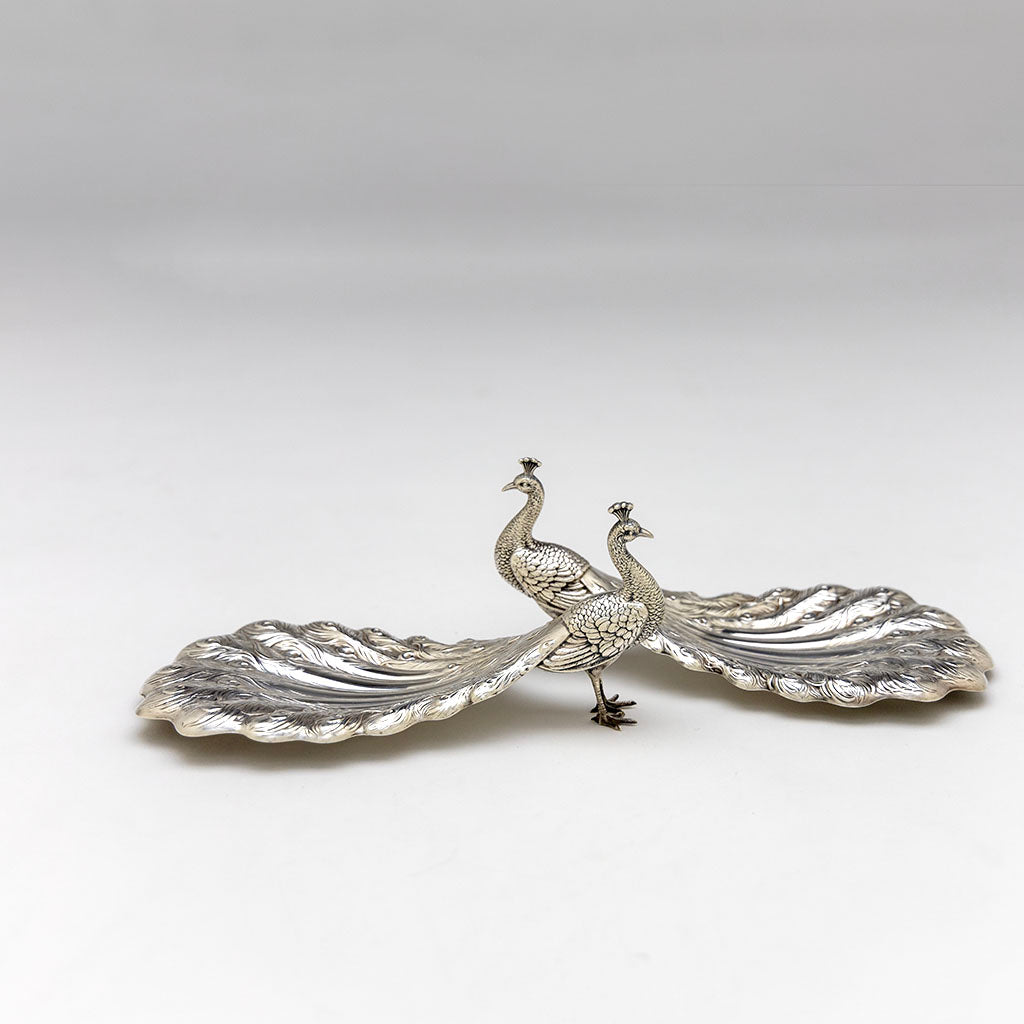 Pair of Durgin Sterling Silver Peacock Bon-bon Dishes, Concord, NH, c. 1920s