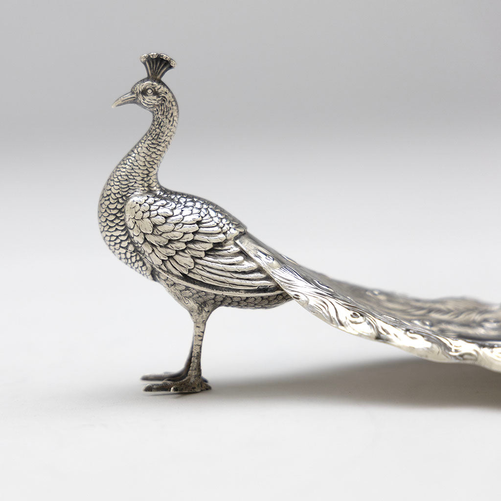 Detail of Pair of Durgin Sterling Silver Peacock Bon-bon Dishes, Concord, NH, c. 1920s