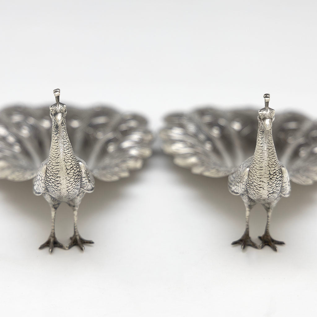 Front of Pair of Durgin Sterling Silver Peacock Bon-bon Dishes, Concord, NH, c. 1920s