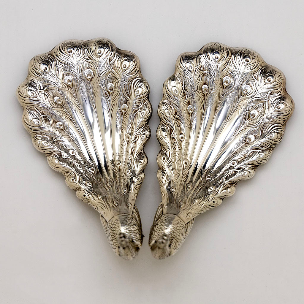 Feathers of Pair of Durgin Sterling Silver Peacock Bon-bon Dishes, Concord, NH, c. 1920s