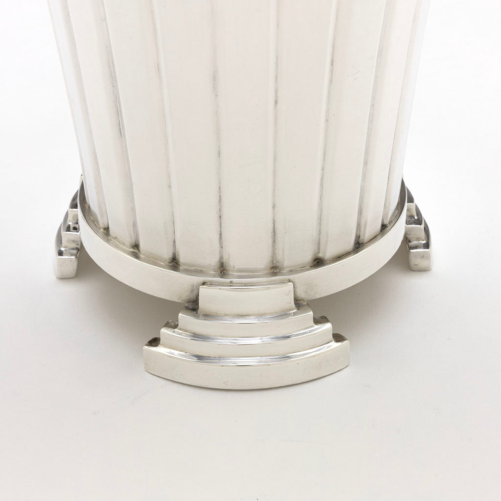 Feet detail of Pair of Hayes &amp; McFarland &#39;Sun Ray&#39; Art Deco Sterling Vases, Mount Vernon, NY, 1928