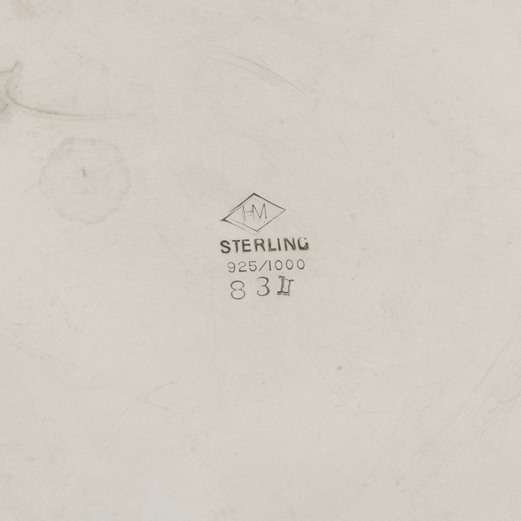 HM mark on Pair of Hayes &amp; McFarland &#39;Sun Ray&#39; Art Deco Sterling Vases, Mount Vernon, NY, 1928
