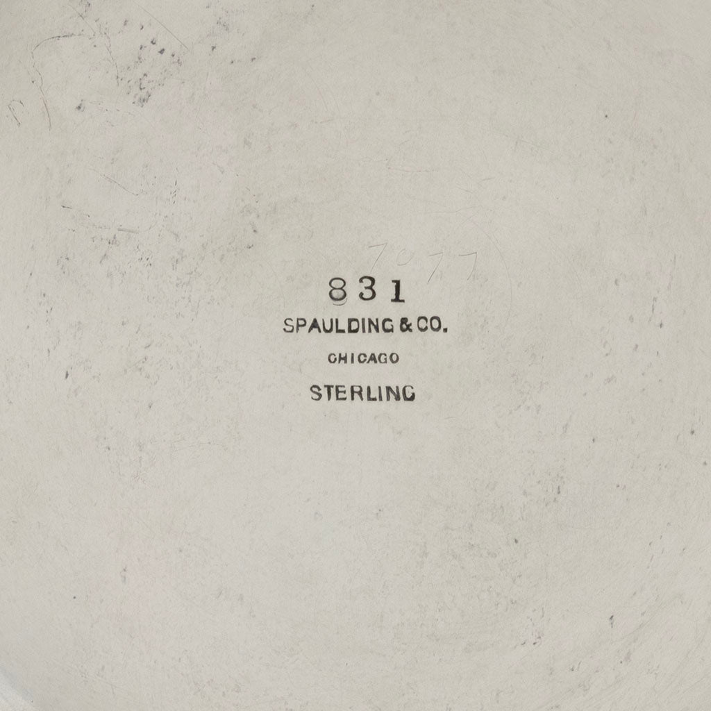 Spaulding mark on Pair of Hayes &amp; McFarland &#39;Sun Ray&#39; Art Deco Sterling Vases, Mount Vernon, NY, 1928
