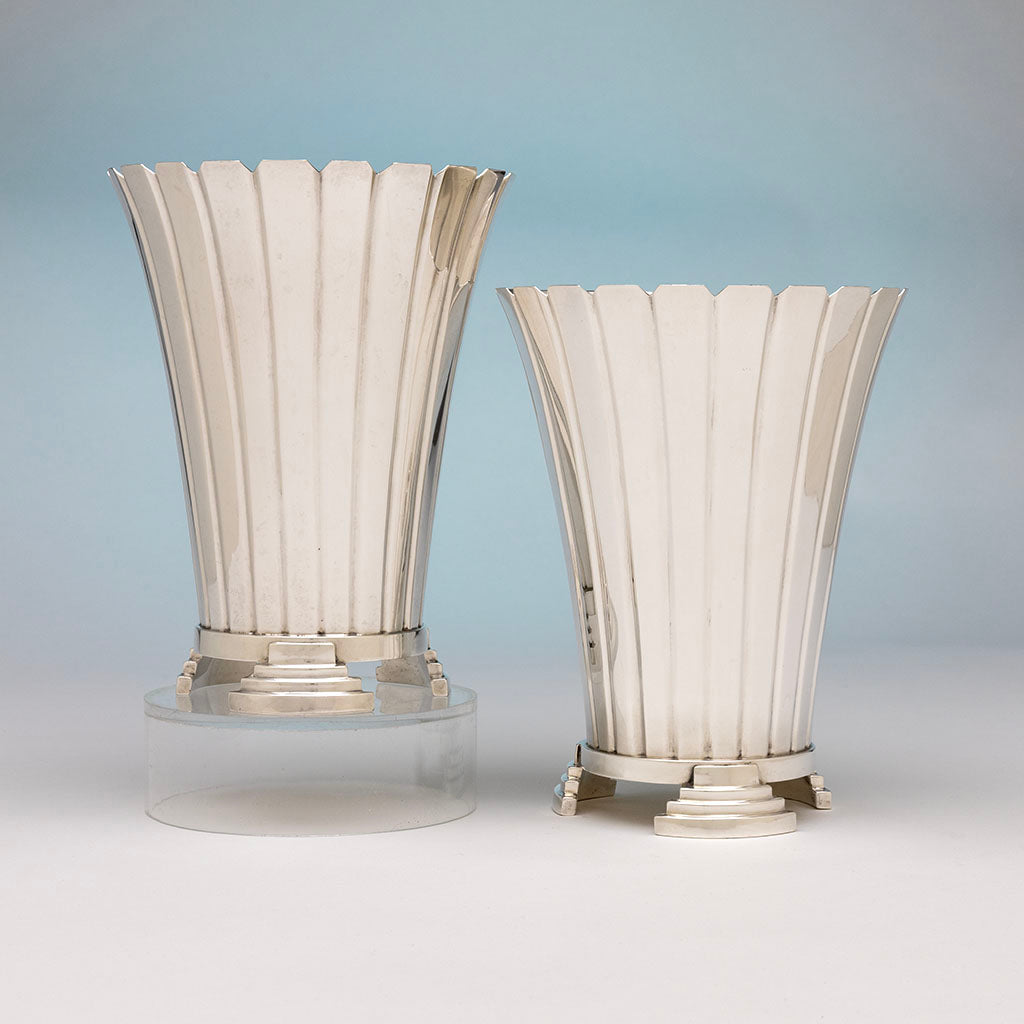 Pair of Hayes & McFarland 'Sun Ray' Art Deco Sterling Vases, Mount Vernon, NY, 1928