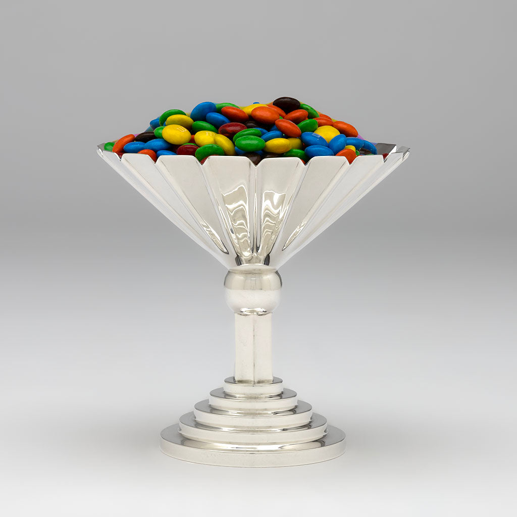Side view wityh candy of Hayes &amp; McFarland(attr) &#39;Sun Ray&#39; Art Deco Sterling Compote, Mt. Vernon, NY, c. 1928