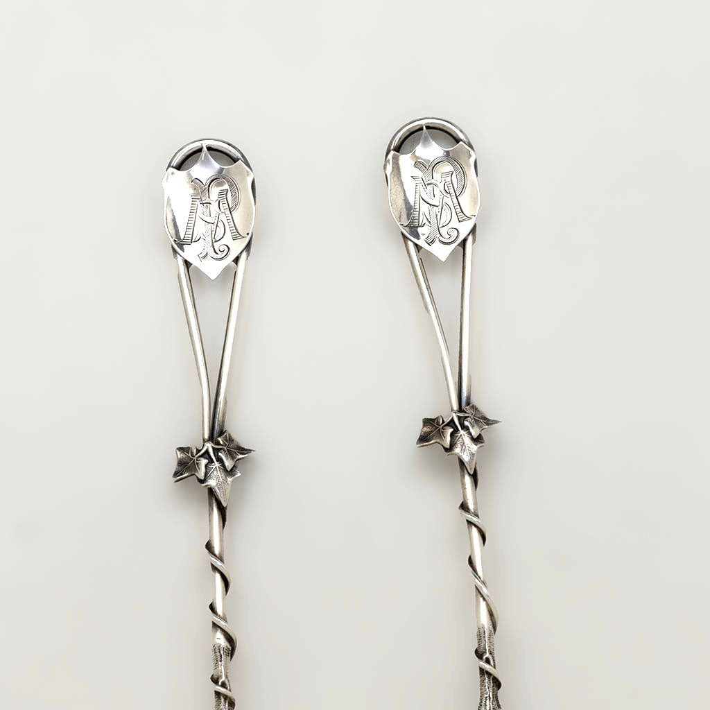 Monograms on Gorham Antique Sterling Silver &#39;#44&#39; Aesthetic Salad Servers, Providence, RI, c. 1870s
