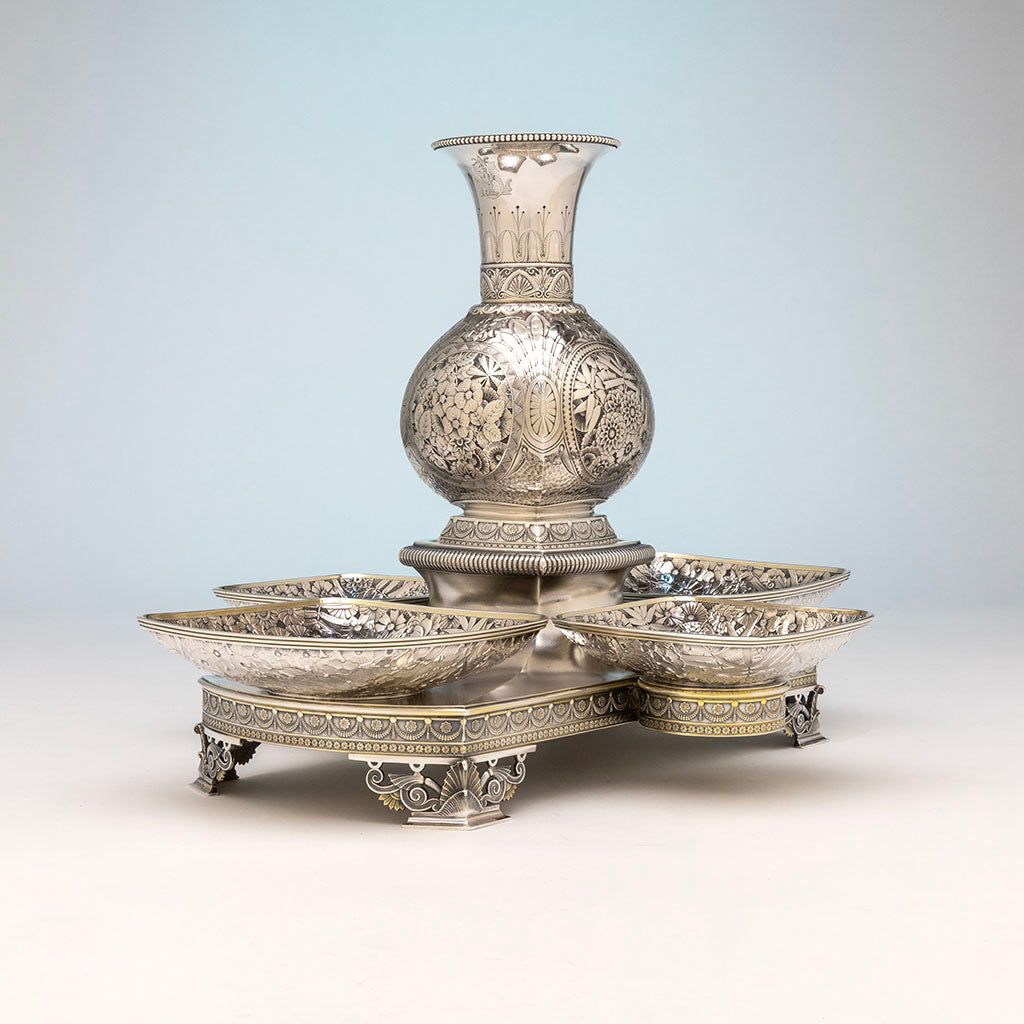 Side angle view of Gorham Antique Sterling Silver Aesthetic Movement Centerpiece, Providence, RI, 1879