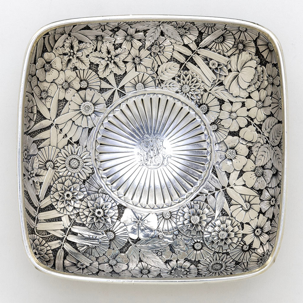 Large dish detail of Gorham Antique Sterling Silver Aesthetic Movement Centerpiece, Providence, RI, 1879