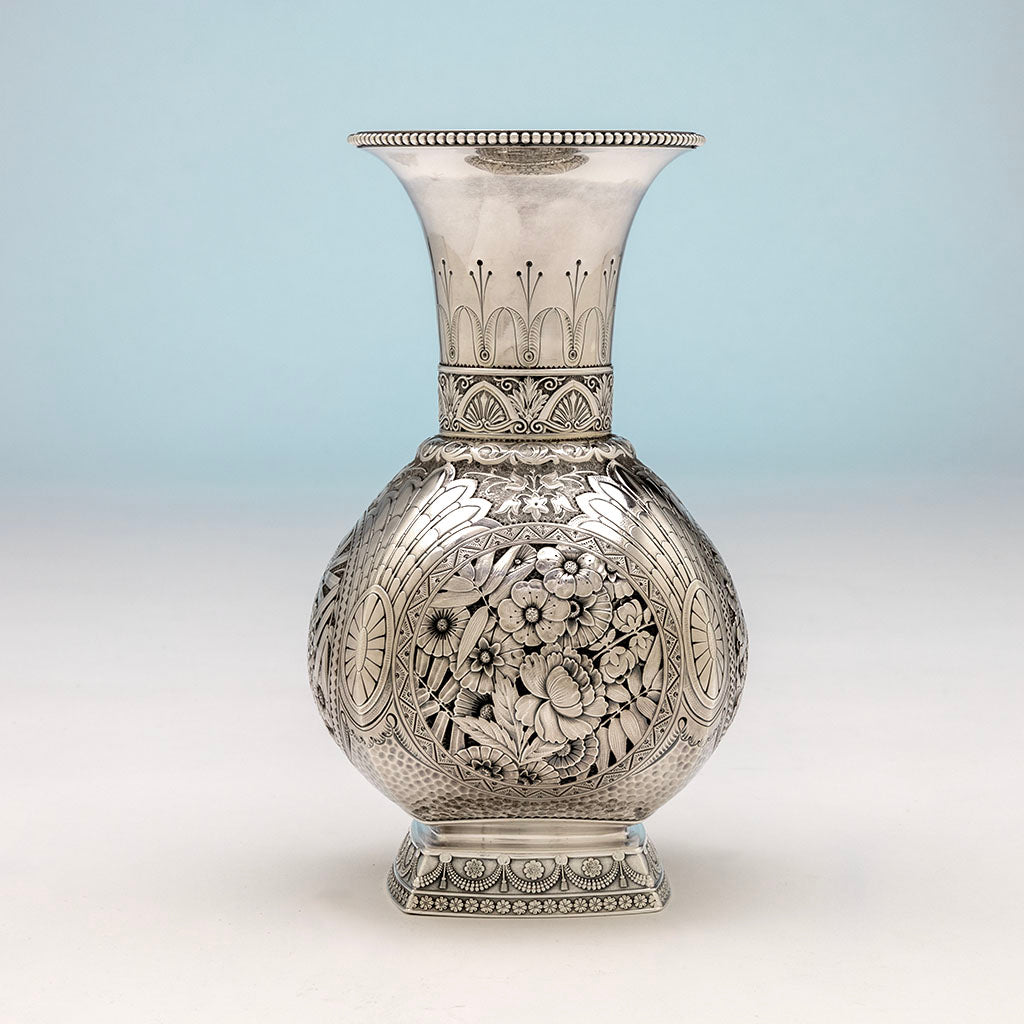 Vase panel 3 of Gorham Antique Sterling Silver Aesthetic Movement Centerpiece, Providence, RI, 1879