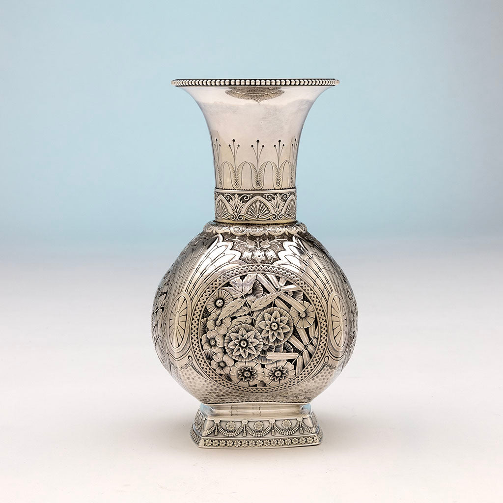 Vase panel 2 of Gorham Antique Sterling Silver Aesthetic Movement Centerpiece, Providence, RI, 1879