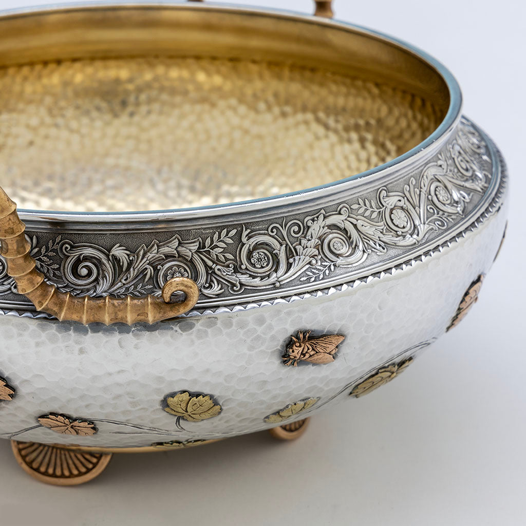 Border detail on Gorham Antique Sterling Silver and Other Metals Aesthetic Movement Mixed Metals Centerpiece Bowl, 1879